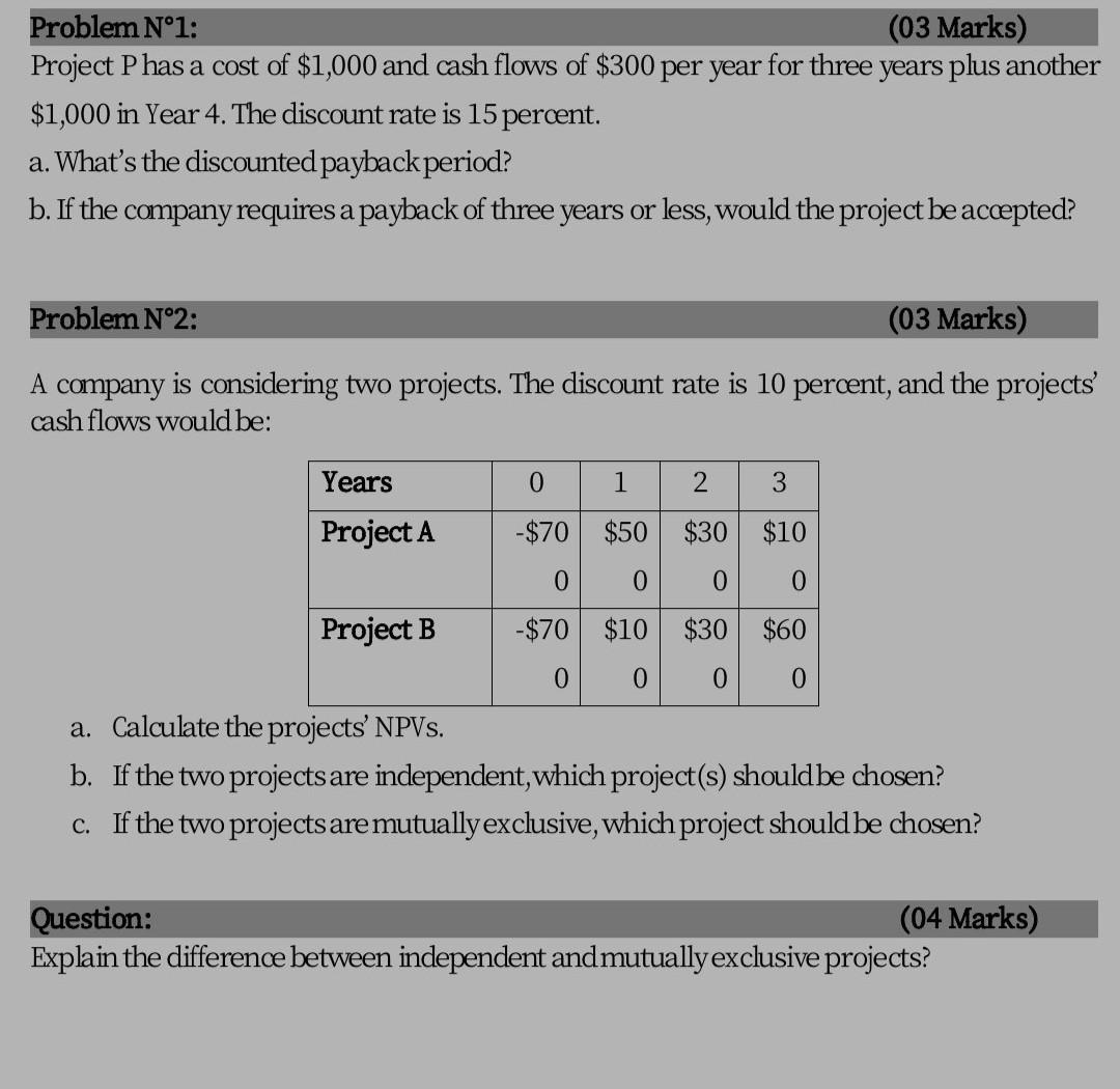  Please help me and answer all question. Problem N1: (03 Marks)