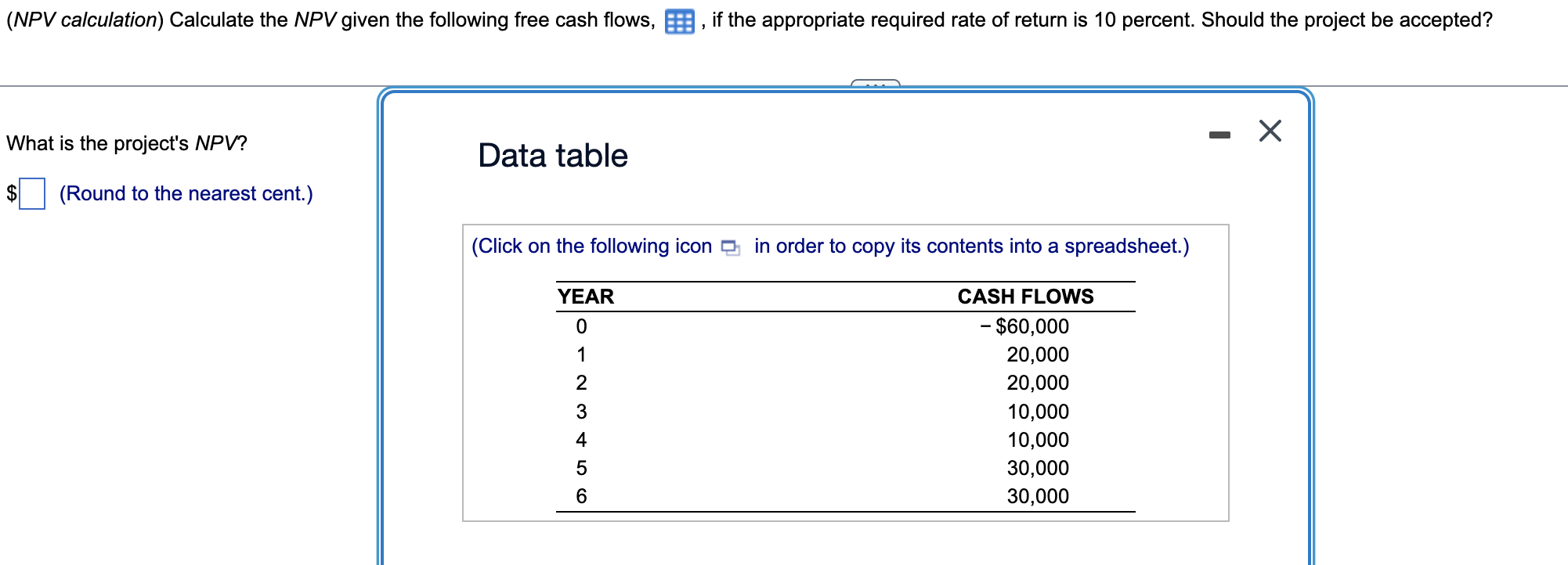 What is the project's NPV? Data table (Round to the nearest