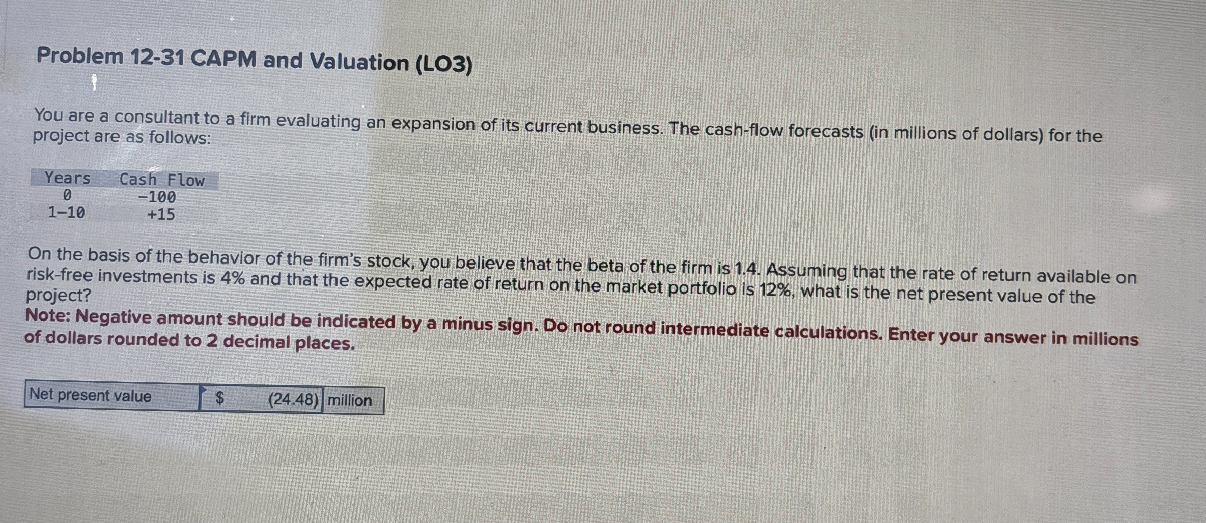  Problem 12-31 CAPM and Valuation (LO3) You are a consultant to