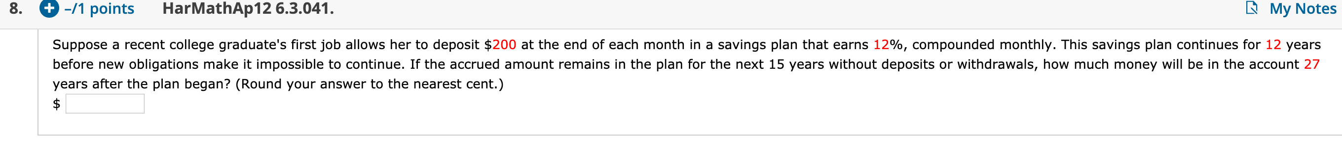  8. + -/1 points HarMathAp12 6.3.041. RMy Notes Suppose a recent