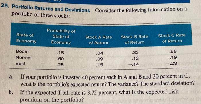  25. Portfolio Returns and Deviations Consider the following information on a