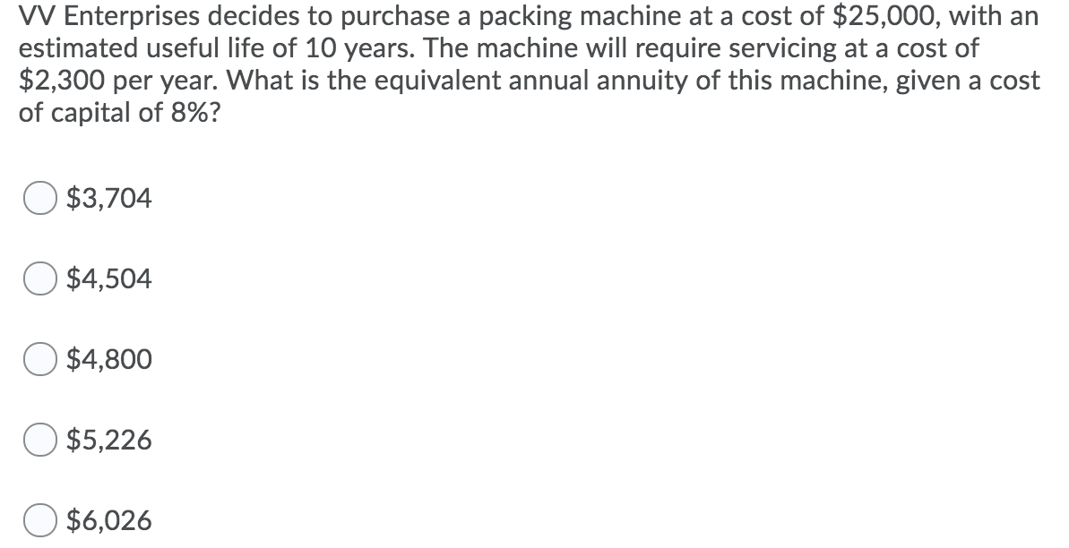 W Enterprises decides to purchase a packing machine at a cost
