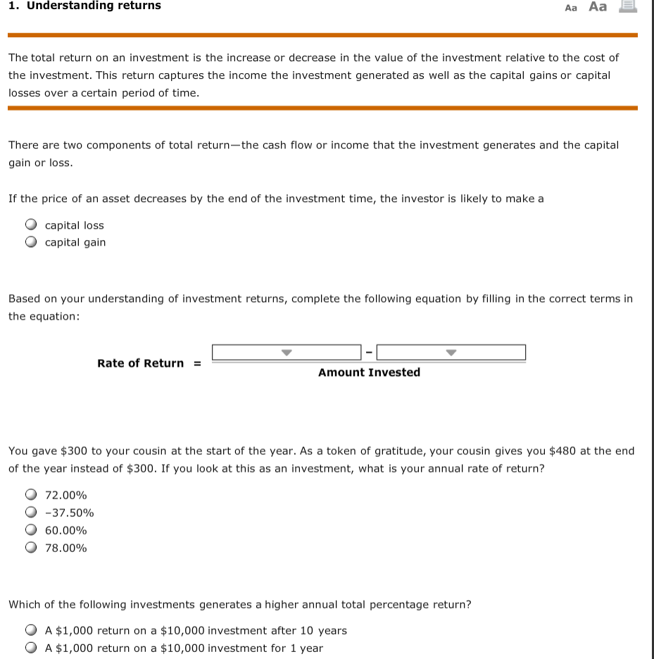 1. Understanding returns Aa Aa E The total return on an