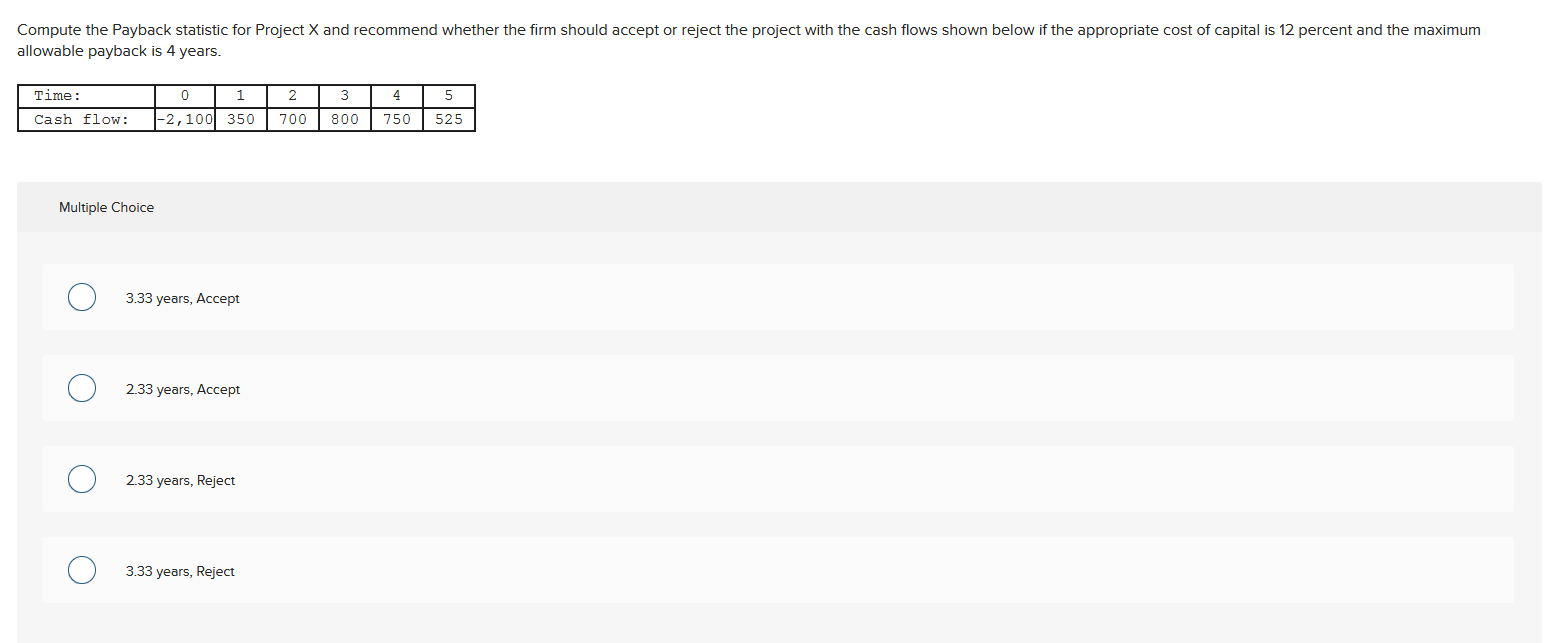 Compute the Payback statistic for Project X and recommend whether the