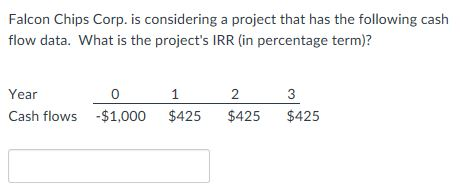 Falcon Chips Corp. is considering a project that has the following