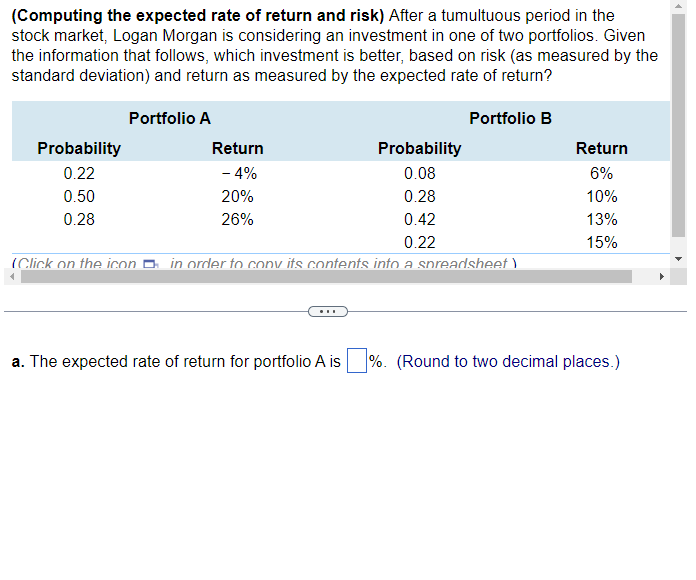 (Computing the expected rate of return and risk) After a tumultuous