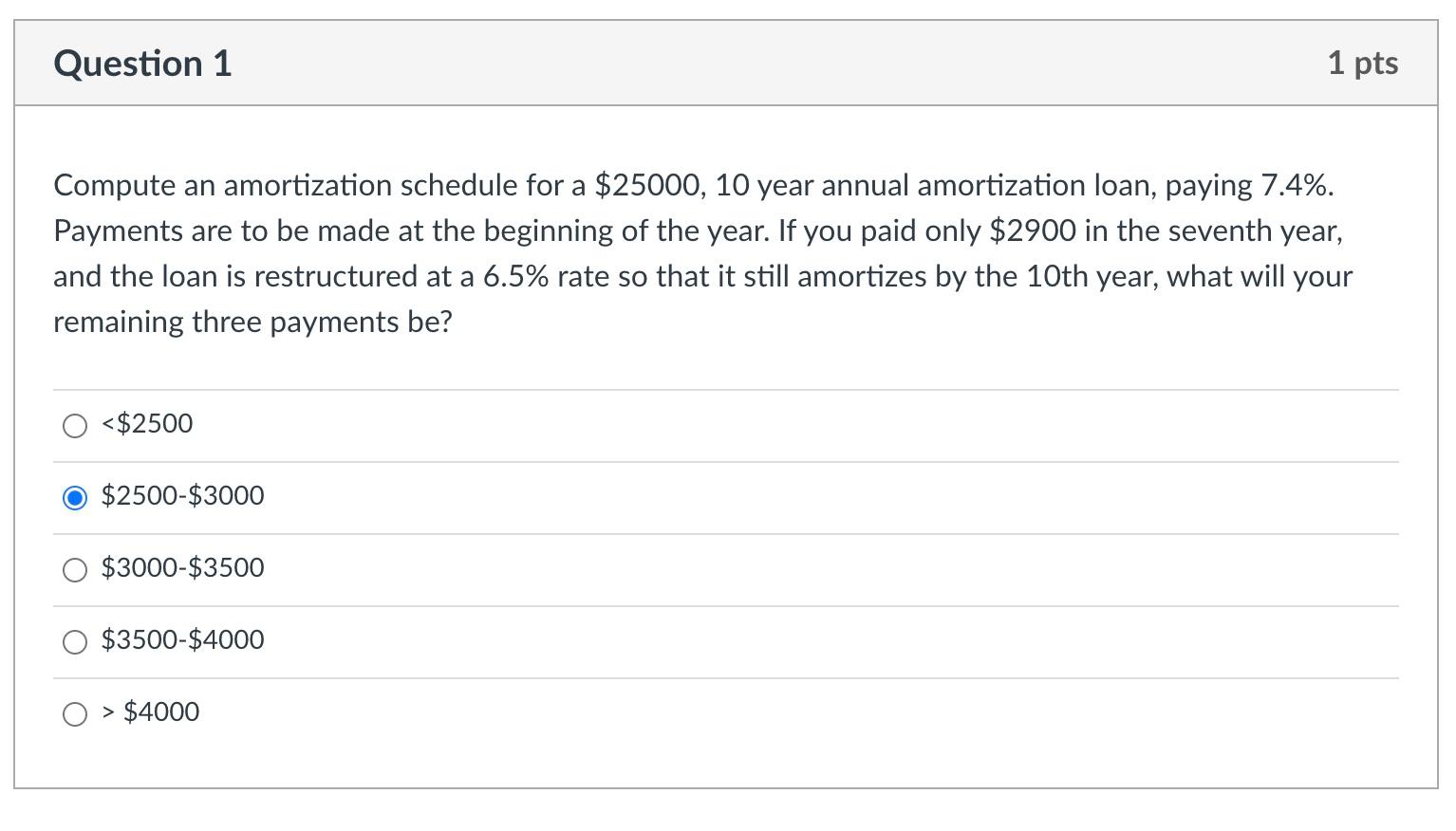 Question 1 1 pts Compute an amortization schedule for a $25000,