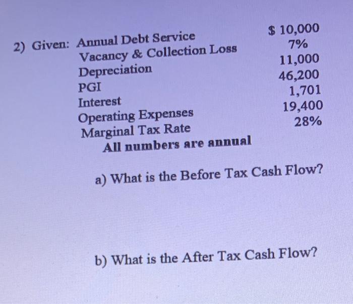 please show work, I will upvote 2) Given: Annual Debt Service Vacancy