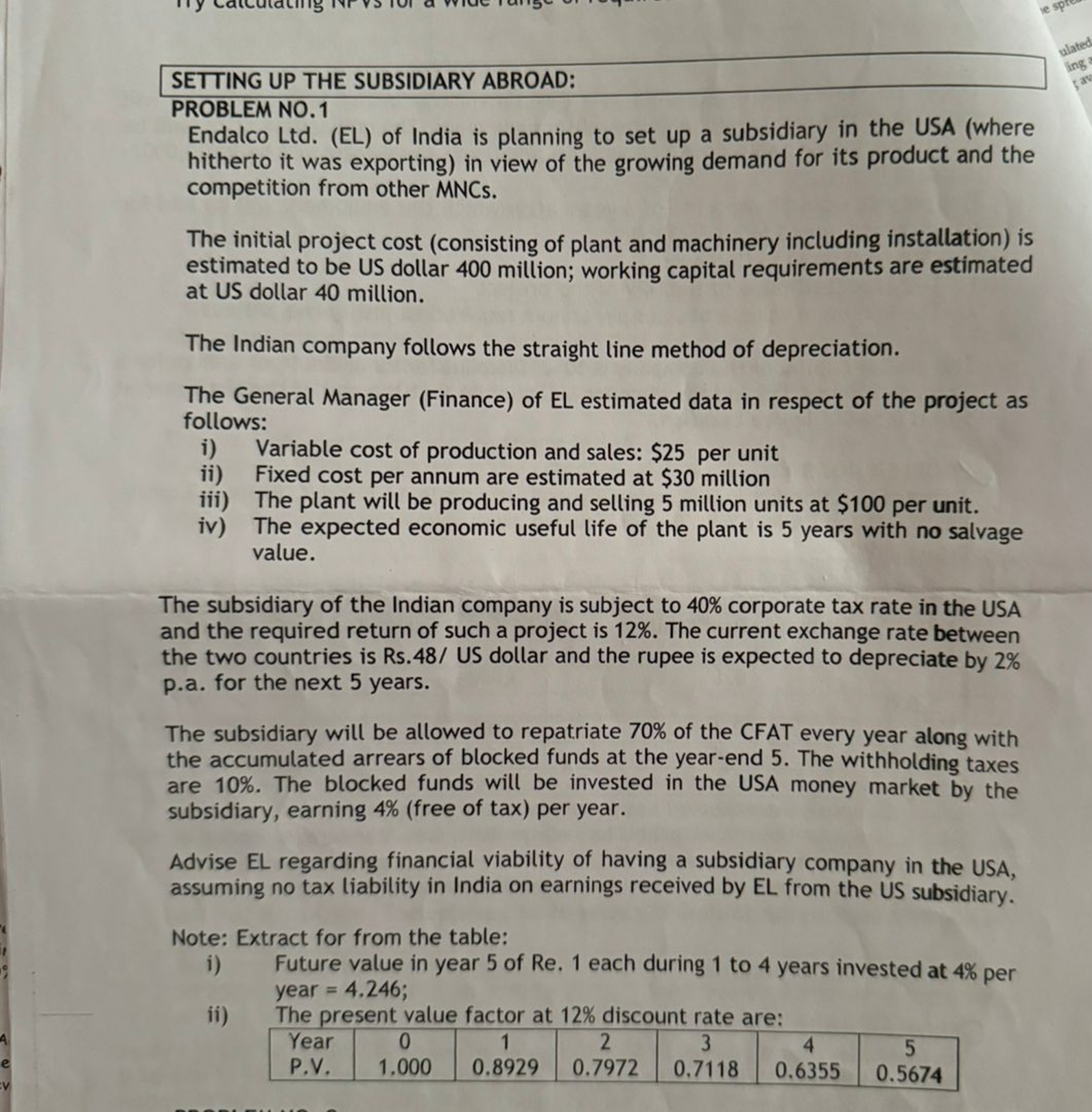  SETTING UP THE SUBSIDIARY ABROAD: PROBLEM NO.1 Endalco Ltd.(EL) of India