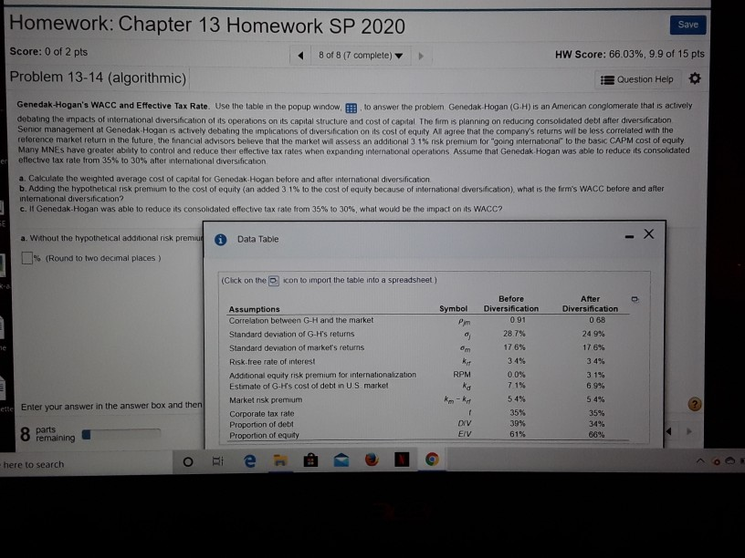 Homework: Chapter 13 Homework SP 2020 Save