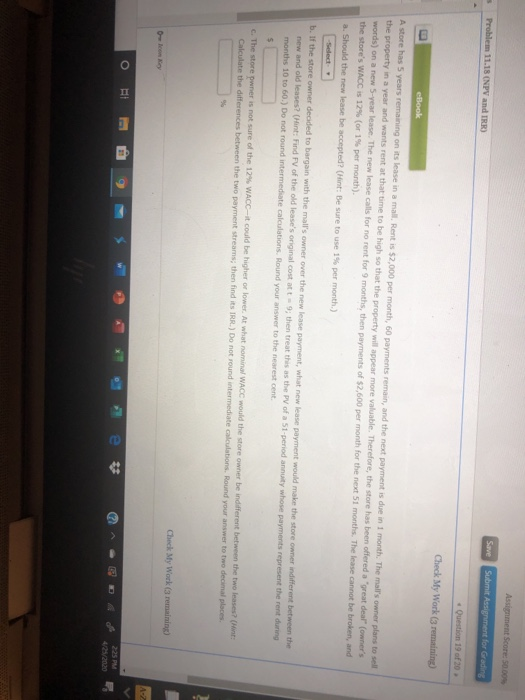  Assignment Score: 5000 Problem 11.18 NPV and IRR) Save Submit Assignment