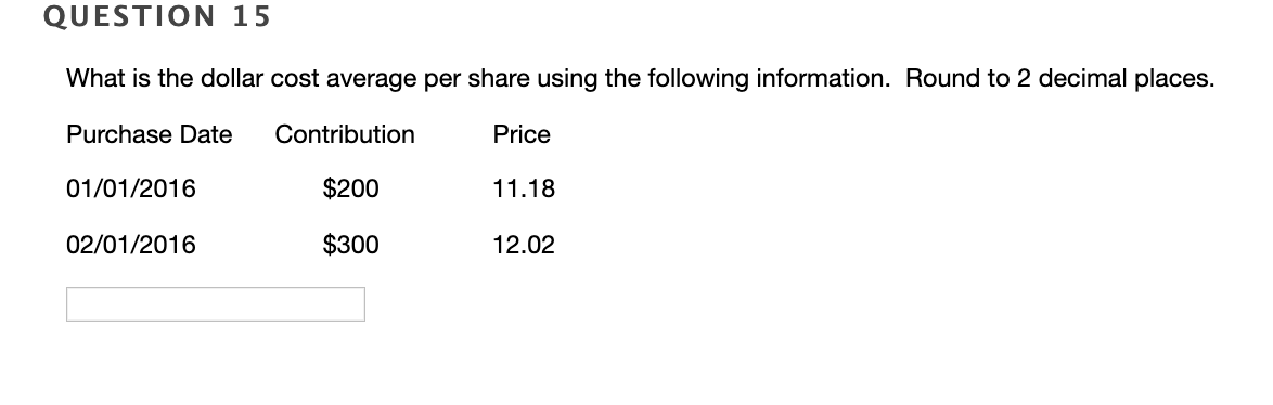 QUESTION 15 What is the dollar cost average per share using