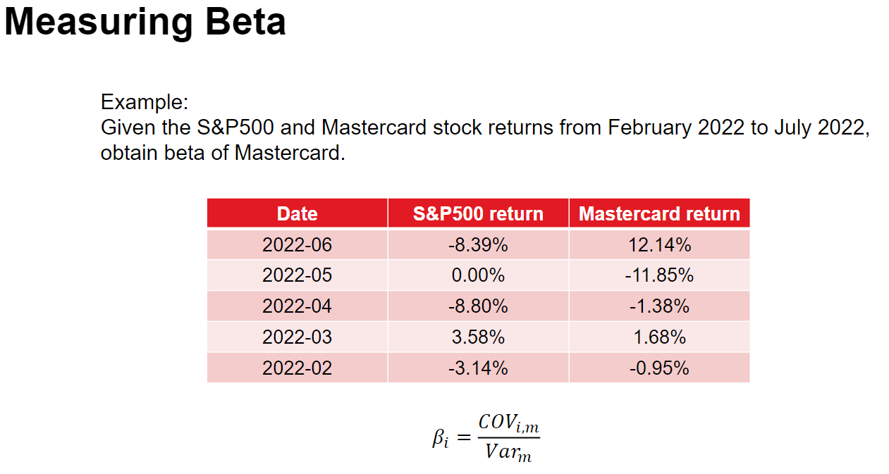  Measuring Beta Example: Given the S\&P500 and Mastercard stock returns from