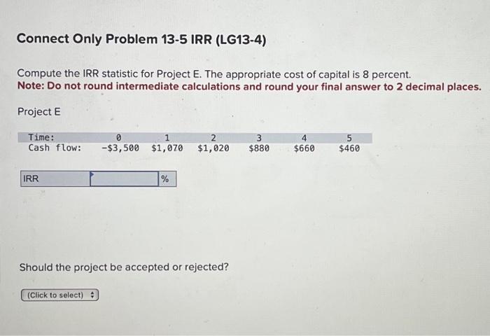  Compute the IRR statistic for Project E. The appropriate cost of