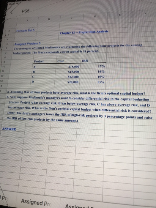  Project risk analysis -B PS5 2Problem Set 5 Chapter 12Project Risk