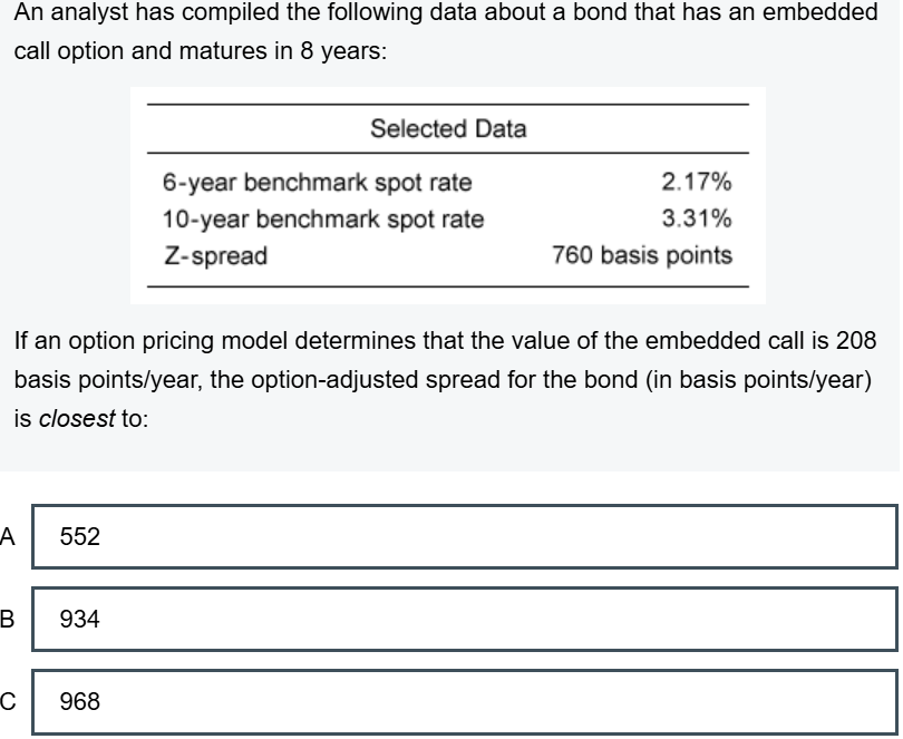  An analyst has compiled the following data about a bond that