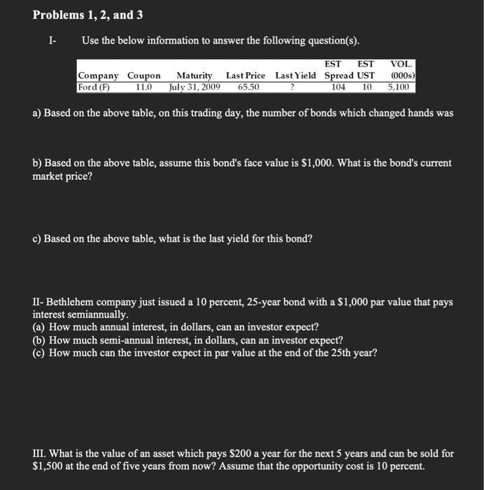  Problems 1, 2, and 3 1. Use the below information to