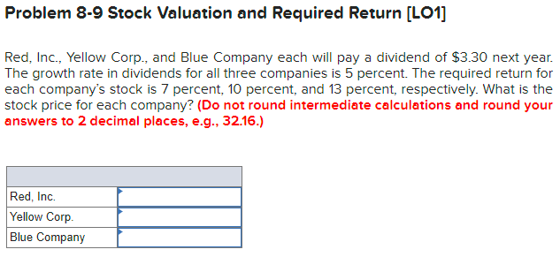 Problem 8-9 Stock Valuation and Required Return [LO1] Red, Inc., Yellow