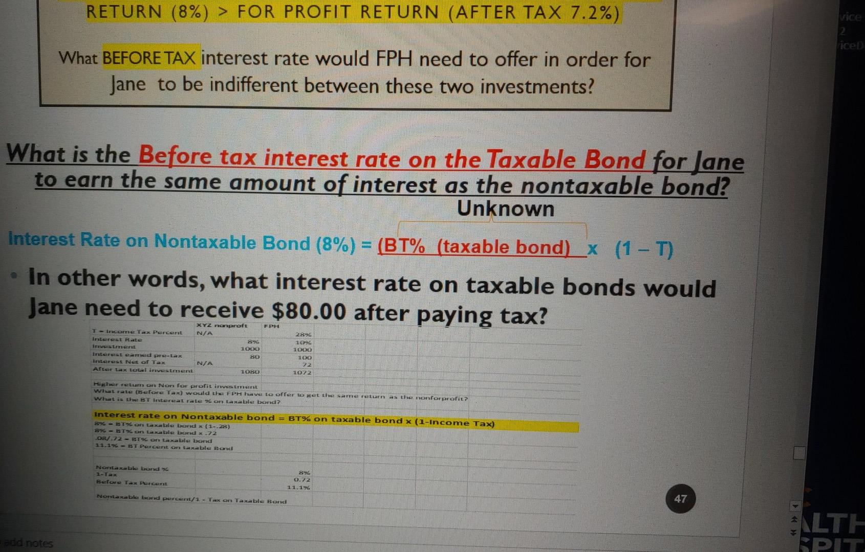 POINT OF INDIFFERENCE WHEN NON PROFIT RETURN (8%) > FOR PROFIT RETURN