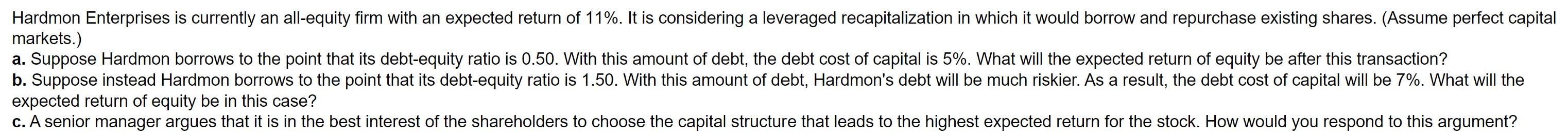  markets.) expected return of equity be in this case