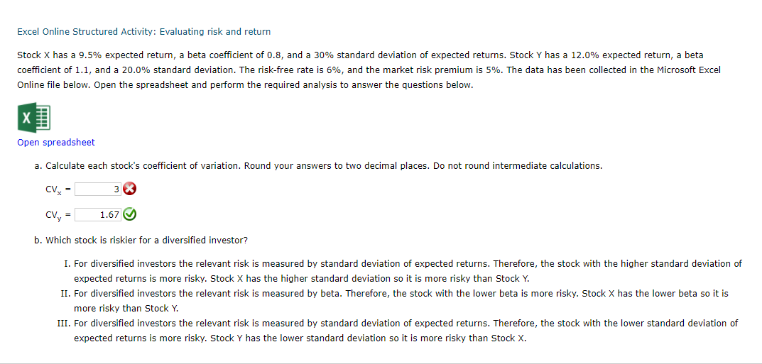 Excel Online Structured Activity: Evaluating risk and return Stock X has