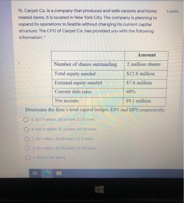 Capital budget % Debt $3,000,000 % Equity 2,000,000 Tax rate $1,050,000 35%