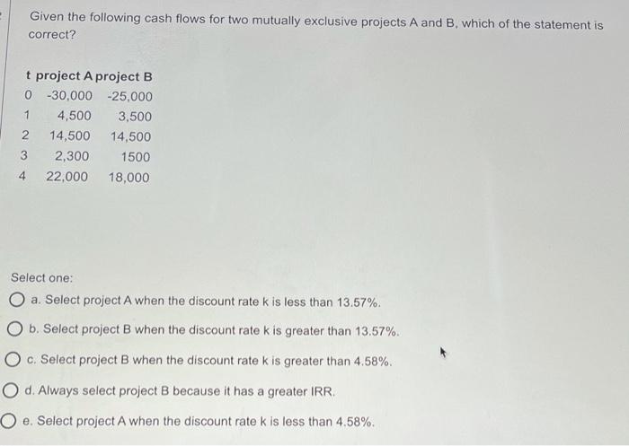  Given the following cash flows for two mutually exclusive projects A