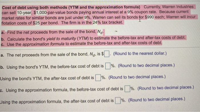  Cost of debt using both methods (YTM and the approximation formula)