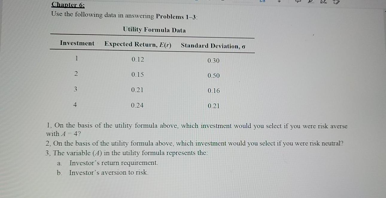 Chapter 6: Use the following data in answering Problems 1-3: Utility