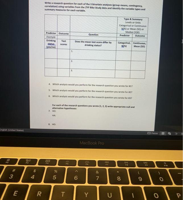 Write a research question for each of the 3 bivariate analyses (