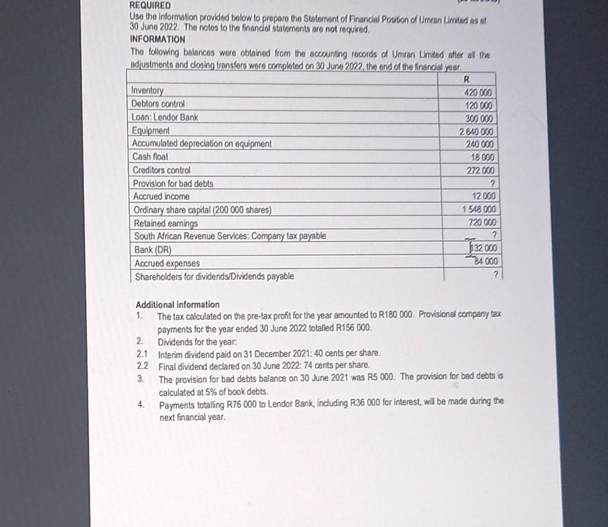 REQUIRED Use the information provided below to prepare the Statement of