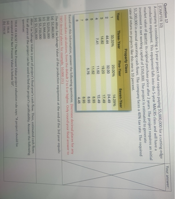  Your answer: Question 17 (CHAPTER 10) A company is considering a