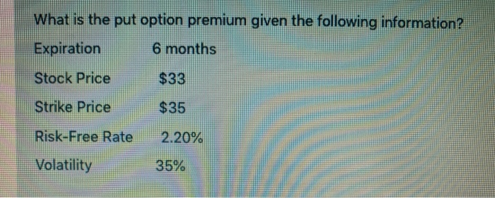 no excel formulas What is the put option premium given the following