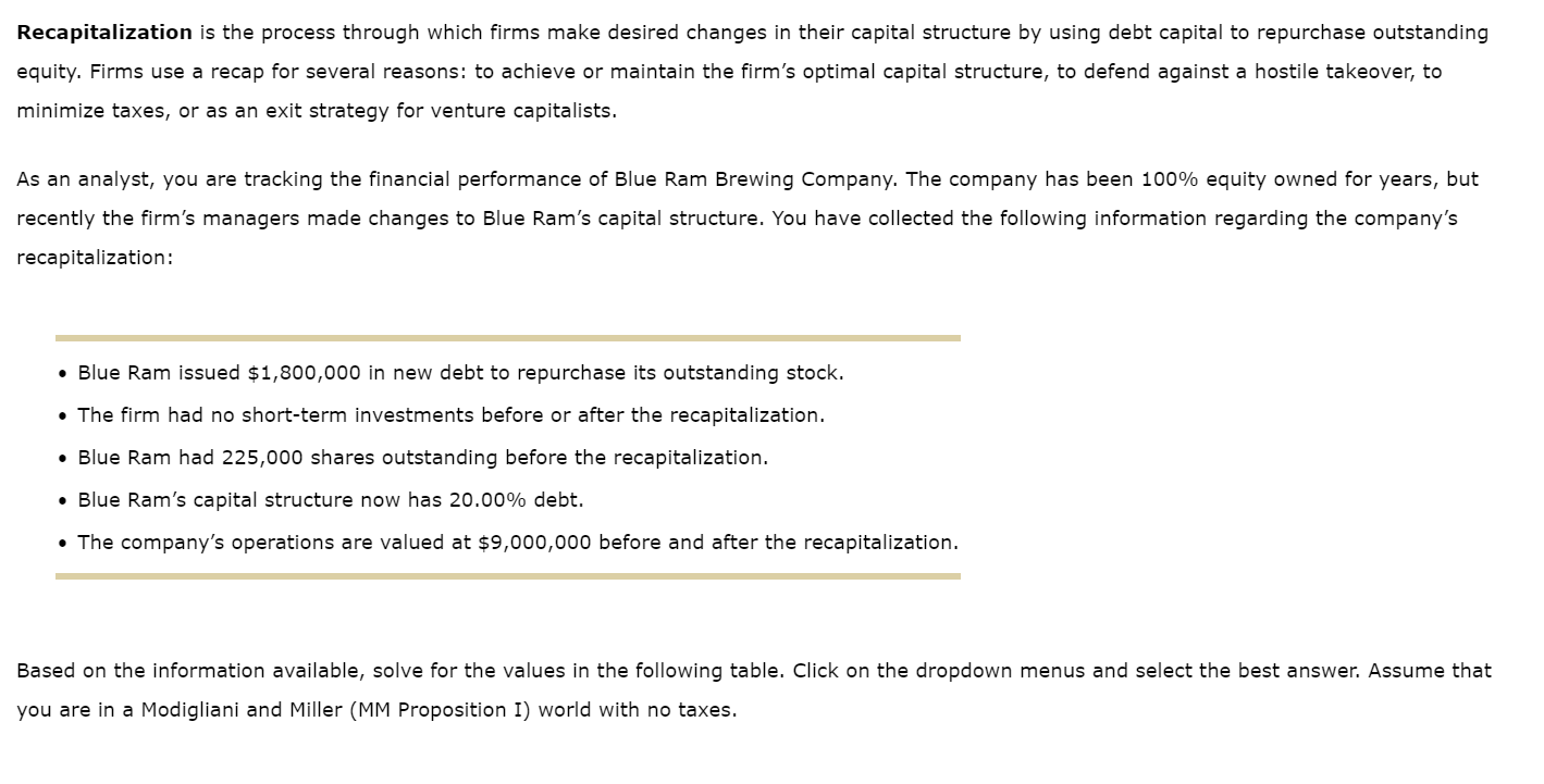  Recapitalization is the process through which firms make desired changes in