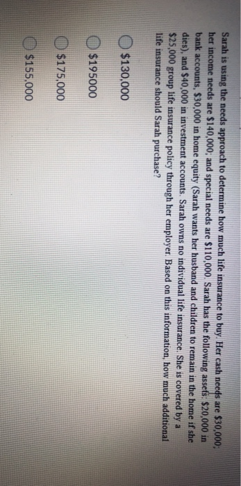  Sarah is using the needs approach to determine how much life