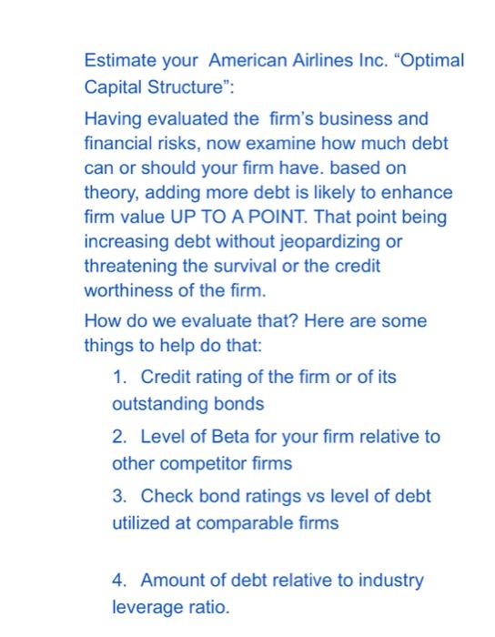  Estimate your American Airlines Inc. "Optimal Capital Structure": Having evaluated the