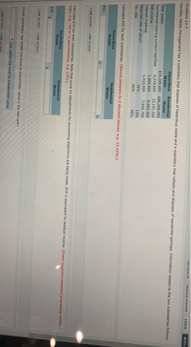  CALCULATOR PRINTER VERSION Problem 12-7 Handley Waste Management has a subsidiary