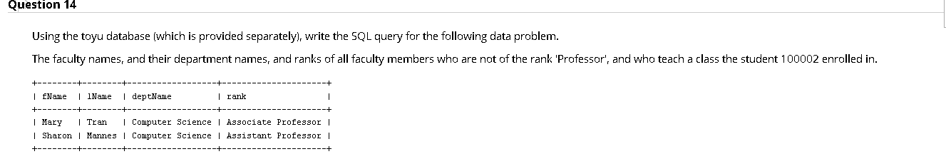 Design Of Database Course Question 14 Using the toyu database (which is