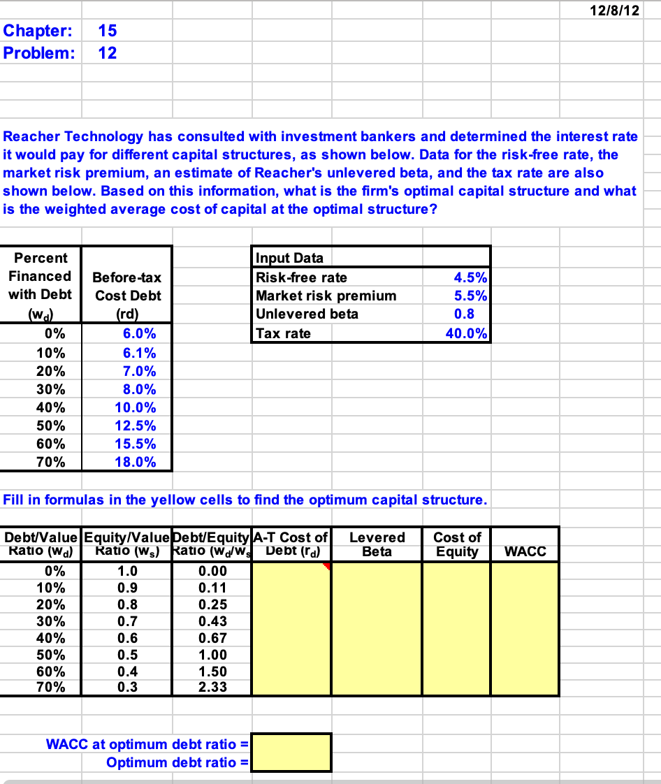  Please show Excel Formulas as well. Thank you. 12/8/12 Chapter: Problem: