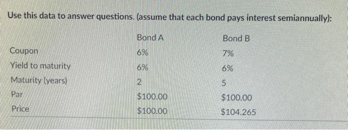  Use this data to answer questions. (assume that each bond pays