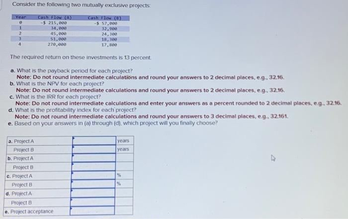  Consider the following two mutually exclusive projects The required retum on