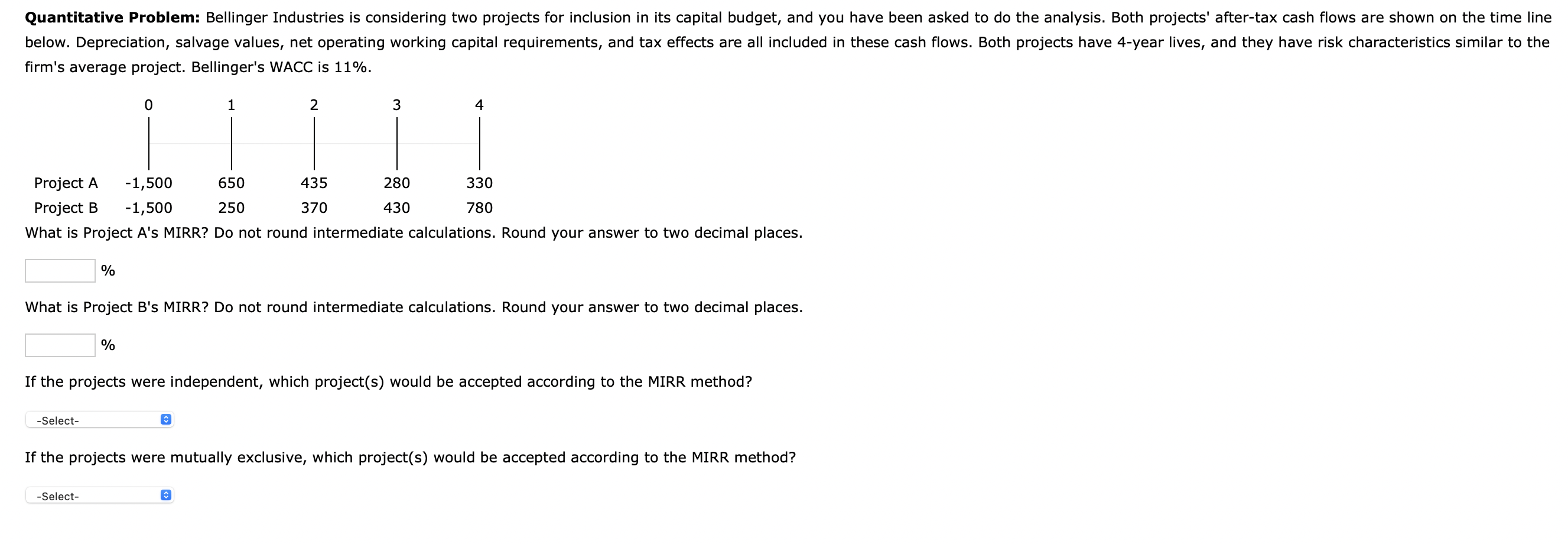 Please answer all parts. Bellinger Industries is considering two projects for inclusion