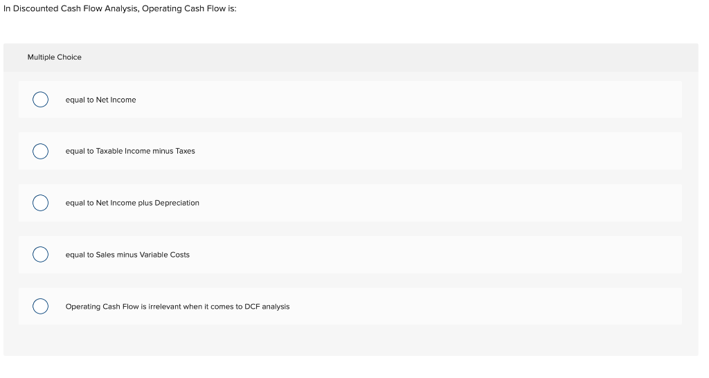 In Discounted Cash Flow Analysis, Operating Cash Flow is: Multiple Choice