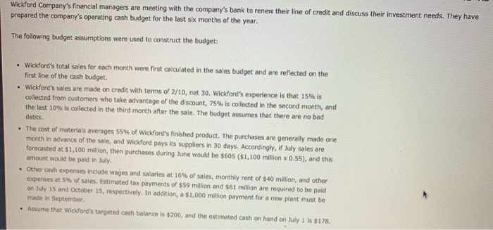  Wickford Company's financial managers are meeting with the company's bank to
