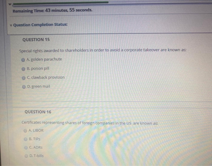  Remaining Time: 43 minutes, 55 seconds. Question Completion Status: QUESTION 15