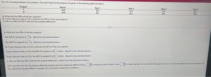  Your choosing between two projects. The cash flows for the projects
