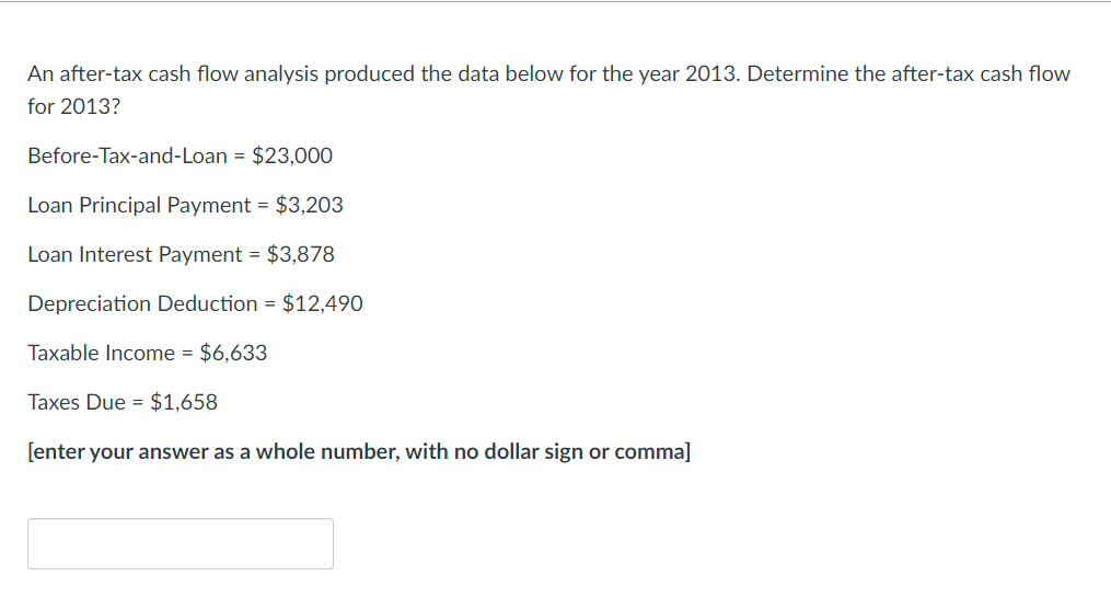  An after-tax cash flow analysis produced the data below for the