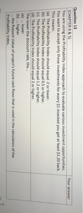  Your answer: Question 13 (CHAPTER 9 & 5) You are using