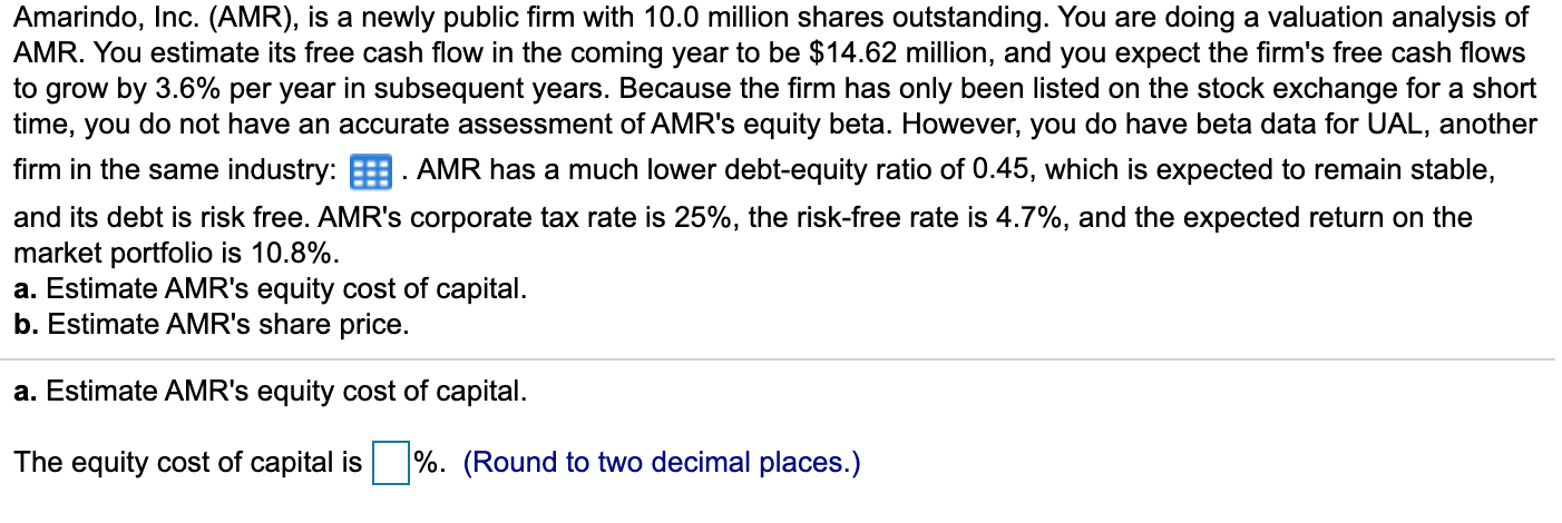  Equity Beta Debt Beta Debt-Equity Ratio UAL 2.25 Equity Beta Debt