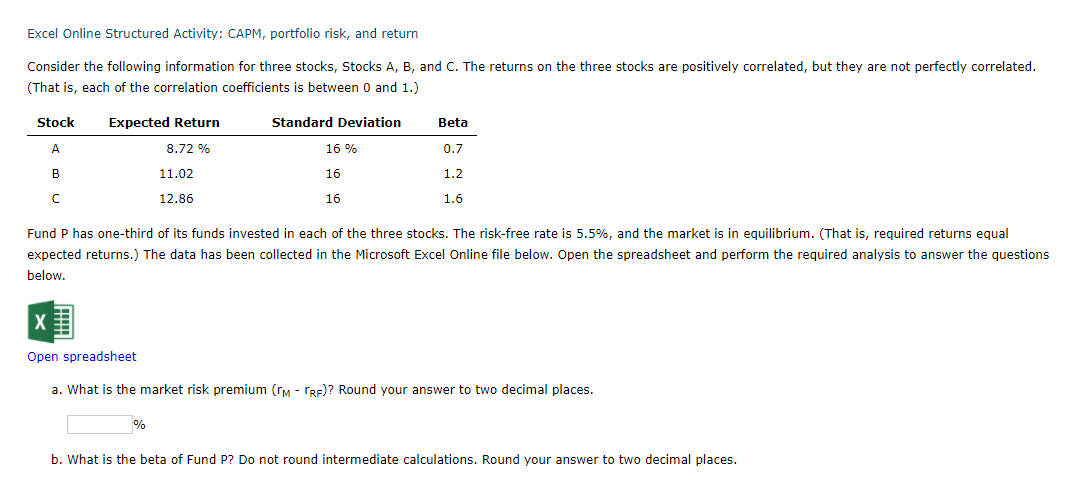 Excel Online Structured Activity: CAPM, portfolio risk, and return Consider the